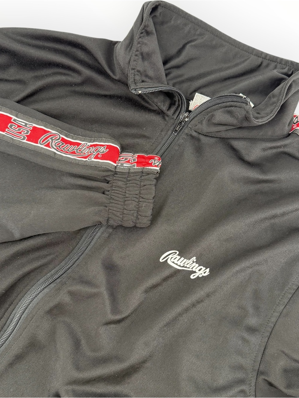 Vintage Rawlings USA Track Jacket Mens L Black Red Taped Sleeve Full Zip 10454